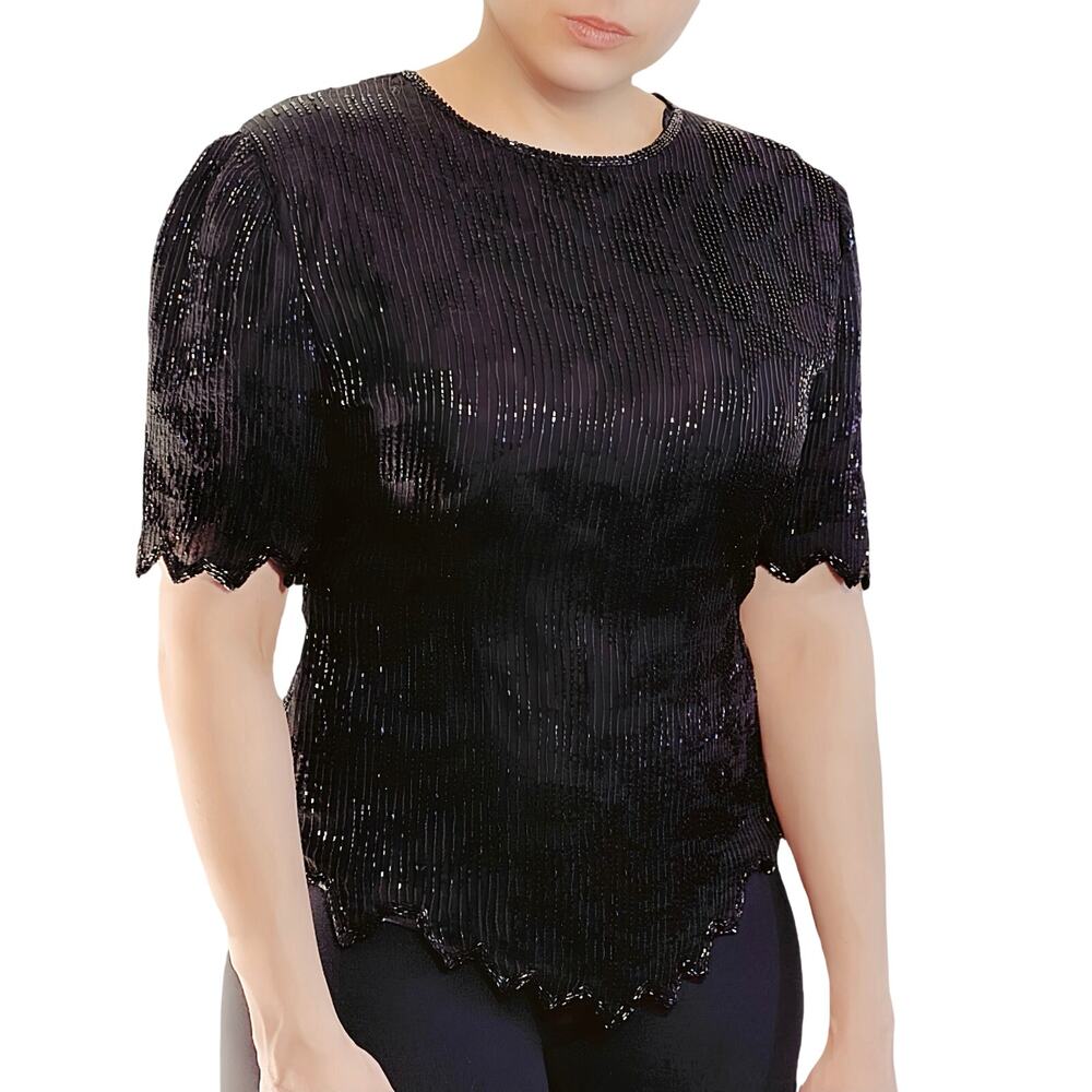 Vintage Laurence Kazar 100% Silk Beaded Evening Top L - Picture 2 of 8